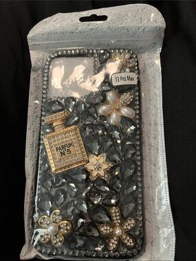 Glam Black Rhinestone Floral iPhone 13 Pro Max Case with Gold Perfume Charm
